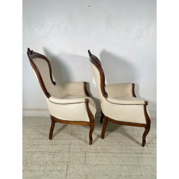 ANTICA COPPIA POLTRONA LUIGI FILIPPO LEGNO STOFFA BIANCA EPOCA '800 ARMCHAIR