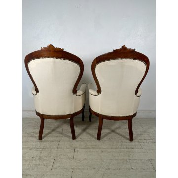 ANTICA COPPIA POLTRONA LUIGI FILIPPO LEGNO STOFFA BIANCA EPOCA '800 ARMCHAIR