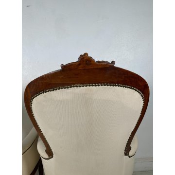 ANTICA COPPIA POLTRONA LUIGI FILIPPO LEGNO STOFFA BIANCA EPOCA '800 ARMCHAIR