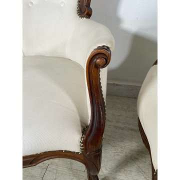 ANTICA COPPIA POLTRONA LUIGI FILIPPO LEGNO STOFFA BIANCA EPOCA '800 ARMCHAIR