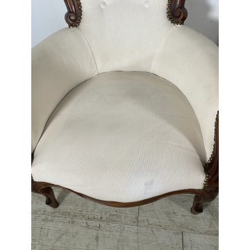 ANTICA COPPIA POLTRONA LUIGI FILIPPO LEGNO STOFFA BIANCA EPOCA '800 ARMCHAIR