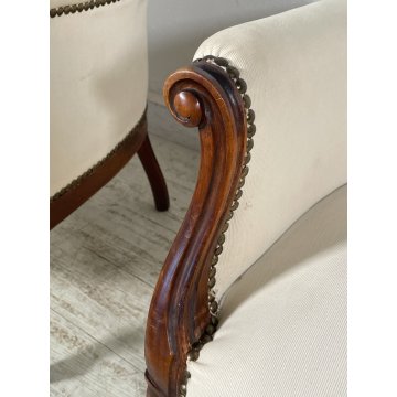 ANTICA COPPIA POLTRONA LUIGI FILIPPO LEGNO STOFFA BIANCA EPOCA '800 ARMCHAIR