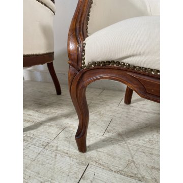 ANTICA COPPIA POLTRONA LUIGI FILIPPO LEGNO STOFFA BIANCA EPOCA '800 ARMCHAIR