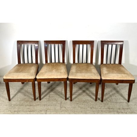 SET 4 pz SEDIA ANTICA decò ANNI 40 LEGNO NOCE STOFFA CHAIR DESIGN VINTAGE PRANZO