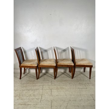 SET 4 pz SEDIA ANTICA decò ANNI 40 LEGNO NOCE STOFFA CHAIR DESIGN VINTAGE PRANZO