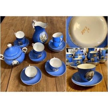 SET CAFFE 8 pers PORCELLANA BIANCA DECORO STILE Viennese AZZURRO PROFILI ORO '50