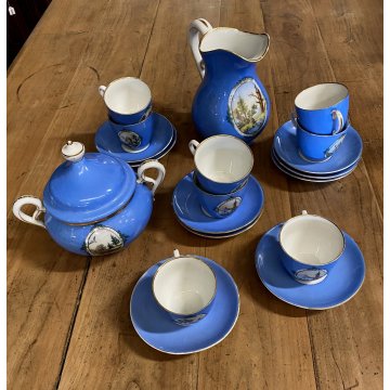 SET CAFFE 8 pers PORCELLANA BIANCA DECORO STILE Viennese AZZURRO PROFILI ORO '50