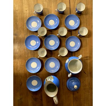 SET CAFFE 8 pers PORCELLANA BIANCA DECORO STILE Viennese AZZURRO PROFILI ORO '50