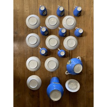 SET CAFFE 8 pers PORCELLANA BIANCA DECORO STILE Viennese AZZURRO PROFILI ORO '50