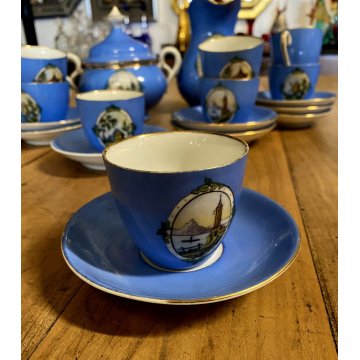 SET CAFFE 8 pers PORCELLANA BIANCA DECORO STILE Viennese AZZURRO PROFILI ORO '50