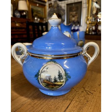 SET CAFFE 8 pers PORCELLANA BIANCA DECORO STILE Viennese AZZURRO PROFILI ORO '50