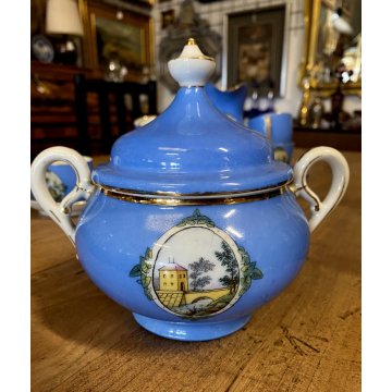 SET CAFFE 8 pers PORCELLANA BIANCA DECORO STILE Viennese AZZURRO PROFILI ORO '50