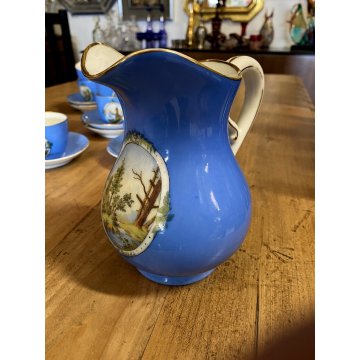 SET CAFFE 8 pers PORCELLANA BIANCA DECORO STILE Viennese AZZURRO PROFILI ORO '50