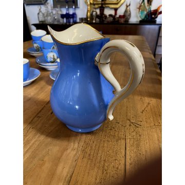 SET CAFFE 8 pers PORCELLANA BIANCA DECORO STILE Viennese AZZURRO PROFILI ORO '50