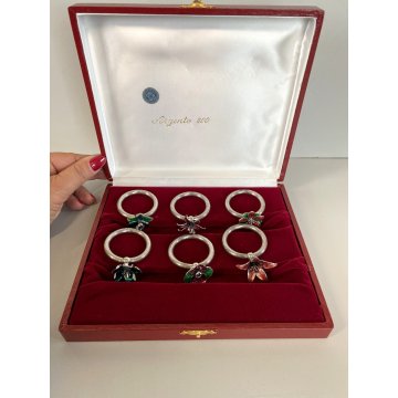 set 6 PORTATOVAGLIOLI ad ANELLO ARGENTO 925 con FIORI SMALTATI tavola SEGNAPOSTI
