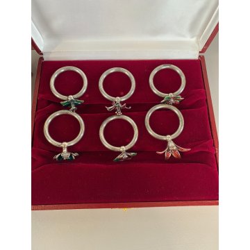 set 6 PORTATOVAGLIOLI ad ANELLO ARGENTO 925 con FIORI SMALTATI tavola SEGNAPOSTI