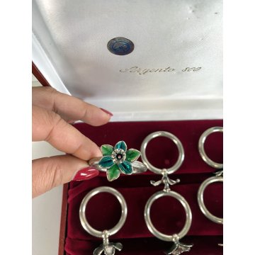 set 6 PORTATOVAGLIOLI ad ANELLO ARGENTO 925 con FIORI SMALTATI tavola SEGNAPOSTI