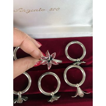set 6 PORTATOVAGLIOLI ad ANELLO ARGENTO 925 con FIORI SMALTATI tavola SEGNAPOSTI
