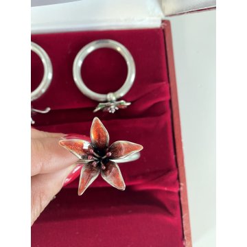 set 6 PORTATOVAGLIOLI ad ANELLO ARGENTO 925 con FIORI SMALTATI tavola SEGNAPOSTI