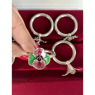set 6 PORTATOVAGLIOLI ad ANELLO ARGENTO 925 con FIORI SMALTATI tavola SEGNAPOSTI