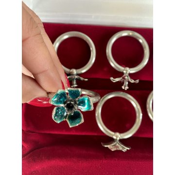 set 6 PORTATOVAGLIOLI ad ANELLO ARGENTO 925 con FIORI SMALTATI tavola SEGNAPOSTI