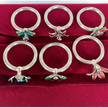 set 6 PORTATOVAGLIOLI ad ANELLO ARGENTO 925 con FIORI SMALTATI tavola SEGNAPOSTI