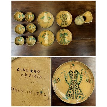 SERVIZIO DOLCE 11 PZ CERAMICA MAIOLICA Ciaurro ORVIETO DAMA CAVALIERE '20/'30