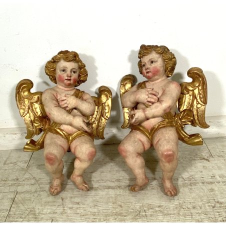 ANTICA COPPIA PUTTI ANGELI BAROCCHI CHERUBINI SCULTURA LEGNO 60cm/h XVII sec