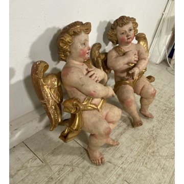 ANTICA COPPIA PUTTI ANGELI BAROCCHI CHERUBINI SCULTURA LEGNO 60cm/h XVII sec