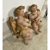 ANTICA COPPIA PUTTI ANGELI BAROCCHI CHERUBINI SCULTURA LEGNO 60cm/h XVII sec