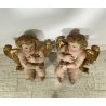 ANTICA COPPIA PUTTI ANGELI BAROCCHI CHERUBINI SCULTURA LEGNO 60cm/h XVII sec