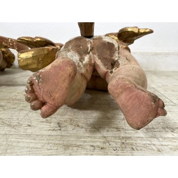 ANTICA COPPIA PUTTI ANGELI BAROCCHI CHERUBINI SCULTURA LEGNO 60cm/h XVII sec