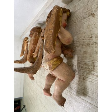ANTICA COPPIA PUTTI ANGELI BAROCCHI CHERUBINI SCULTURA LEGNO 60cm/h XVII sec