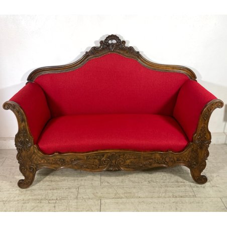 ANTICO DIVANO A BARCA LEGNO NOCE DECORO EPOCA '800 STOFFA ROSSA SOFA 2 POSTI OLD