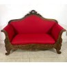 ANTICO DIVANO A BARCA LEGNO NOCE DECORO EPOCA '800 STOFFA ROSSA SOFA 2 POSTI OLD