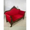 ANTICO DIVANO A BARCA LEGNO NOCE DECORO EPOCA '800 STOFFA ROSSA SOFA 2 POSTI OLD