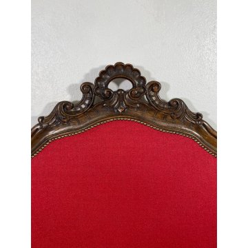 ANTICO DIVANO A BARCA LEGNO NOCE DECORO EPOCA '800 STOFFA ROSSA SOFA 2 POSTI OLD