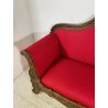 ANTICO DIVANO A BARCA LEGNO NOCE DECORO EPOCA '800 STOFFA ROSSA SOFA 2 POSTI OLD