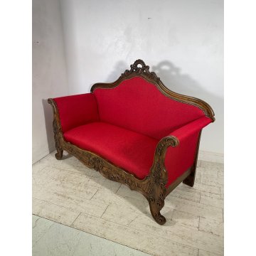 ANTICO DIVANO A BARCA LEGNO NOCE DECORO EPOCA '800 STOFFA ROSSA SOFA 2 POSTI OLD