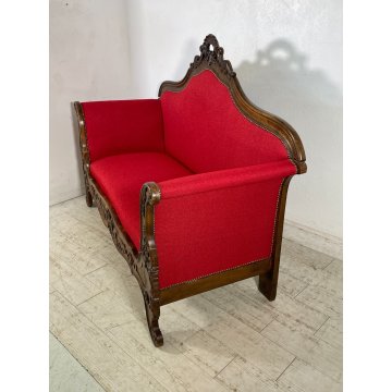 ANTICO DIVANO A BARCA LEGNO NOCE DECORO EPOCA '800 STOFFA ROSSA SOFA 2 POSTI OLD