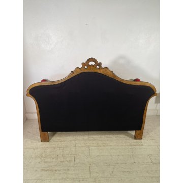 ANTICO DIVANO A BARCA LEGNO NOCE DECORO EPOCA '800 STOFFA ROSSA SOFA 2 POSTI OLD