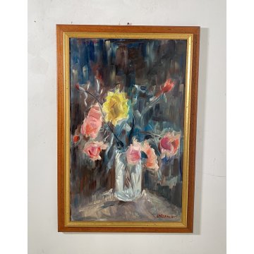 DIPINTO OLIO TELA Carlo Monti NATURA MORTA VASO FIORI LAGO MAGGIORE FIRMATO