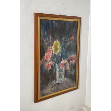 DIPINTO OLIO TELA Carlo Monti NATURA MORTA VASO FIORI LAGO MAGGIORE FIRMATO