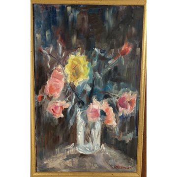 DIPINTO OLIO TELA Carlo Monti NATURA MORTA VASO FIORI LAGO MAGGIORE FIRMATO