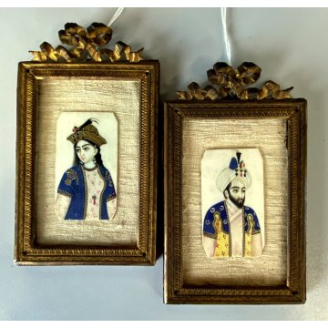 COPPIA ANTICA MINIATURA imperatori asiatici CORNICE LIBERTY metallo dorato 1800