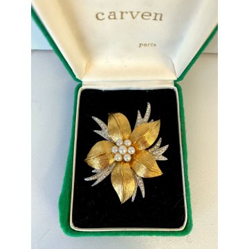 VINTAGE SPILLA Carven broche FIORE firmata '900 DORATA e ARGENTATA strass perle