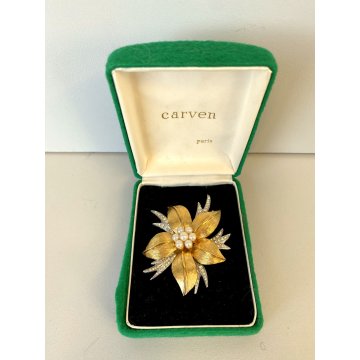 VINTAGE SPILLA Carven broche FIORE firmata '900 DORATA e ARGENTATA strass perle