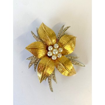 VINTAGE SPILLA Carven broche FIORE firmata '900 DORATA e ARGENTATA strass perle