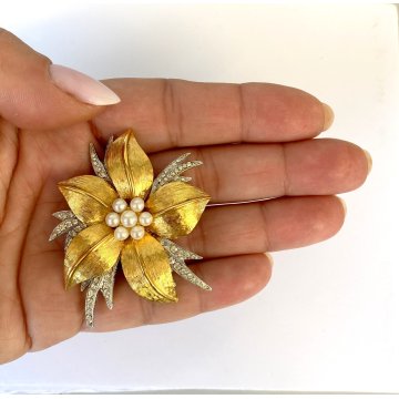 VINTAGE SPILLA Carven broche FIORE firmata '900 DORATA e ARGENTATA strass perle