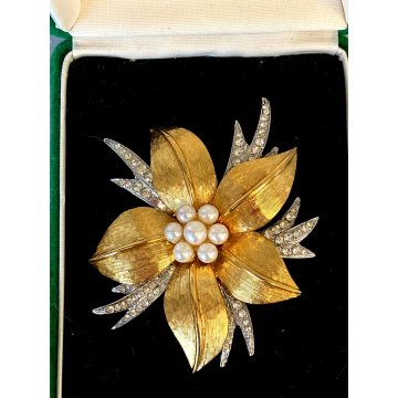 VINTAGE SPILLA Carven broche FIORE firmata '900 DORATA e ARGENTATA strass perle